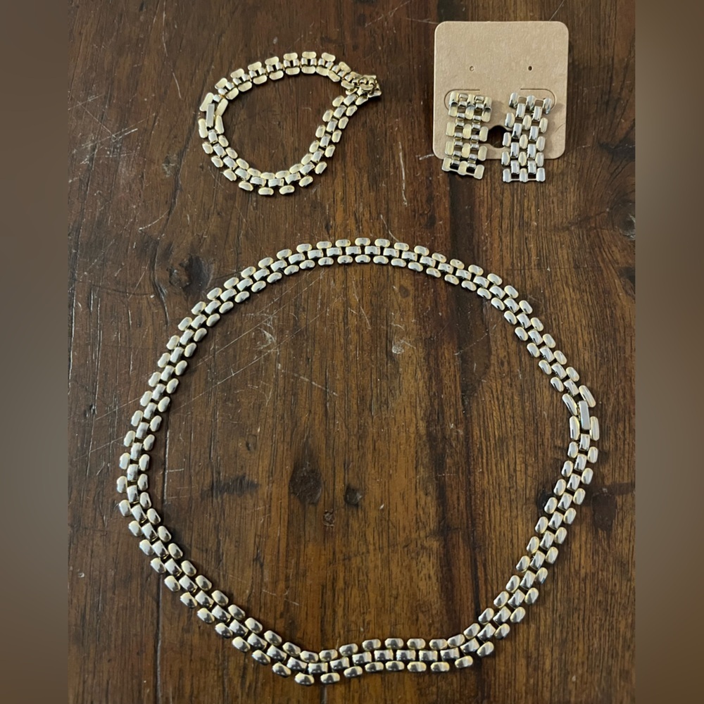 ✨ Vintage Silver Brick Link Mesh Necklace Bracelet Earrings Matching Set ✨